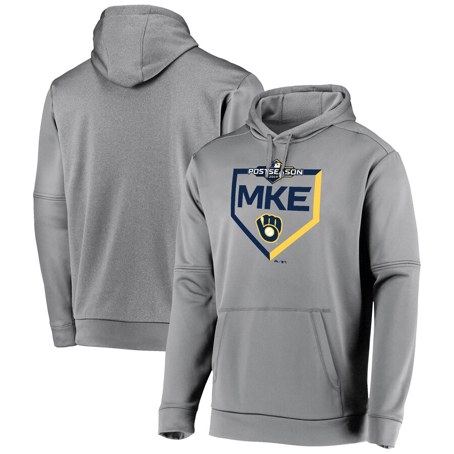 Milwaukee Brewers Majestic 2019 Postseason Dugout Authentic Pullover Hoodie Gray