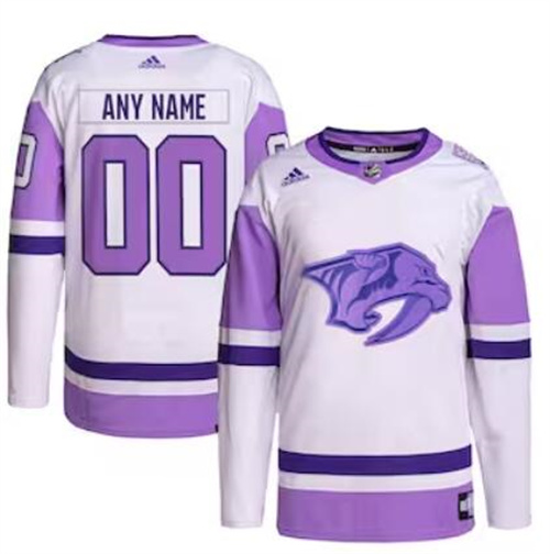 Nashville Predators adidas Hockey Fights Cancer Primegreen Men/Women/Youth Unisex Authentic Custom White-Purple Jersey
