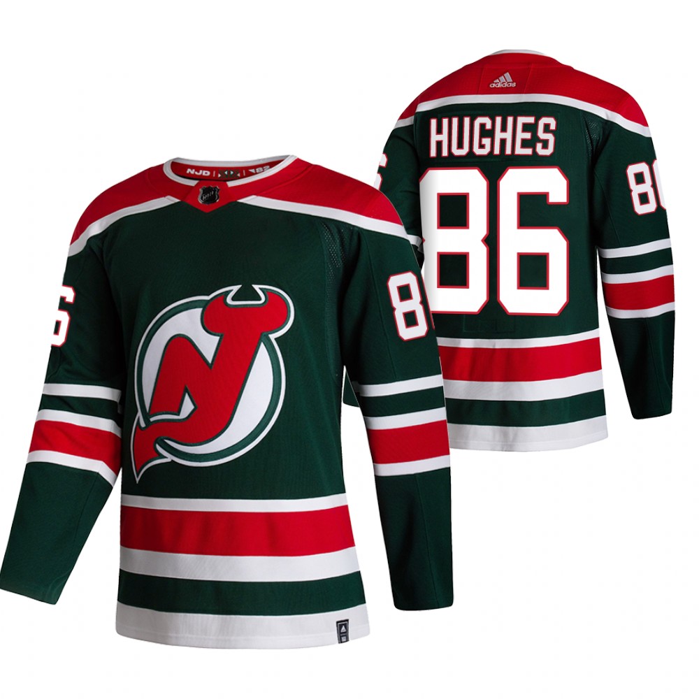 New Jersey Devils #86 Jack Hughes Green Men's Adidas 2020-21 Reverse Retro Alternate NHL Jersey