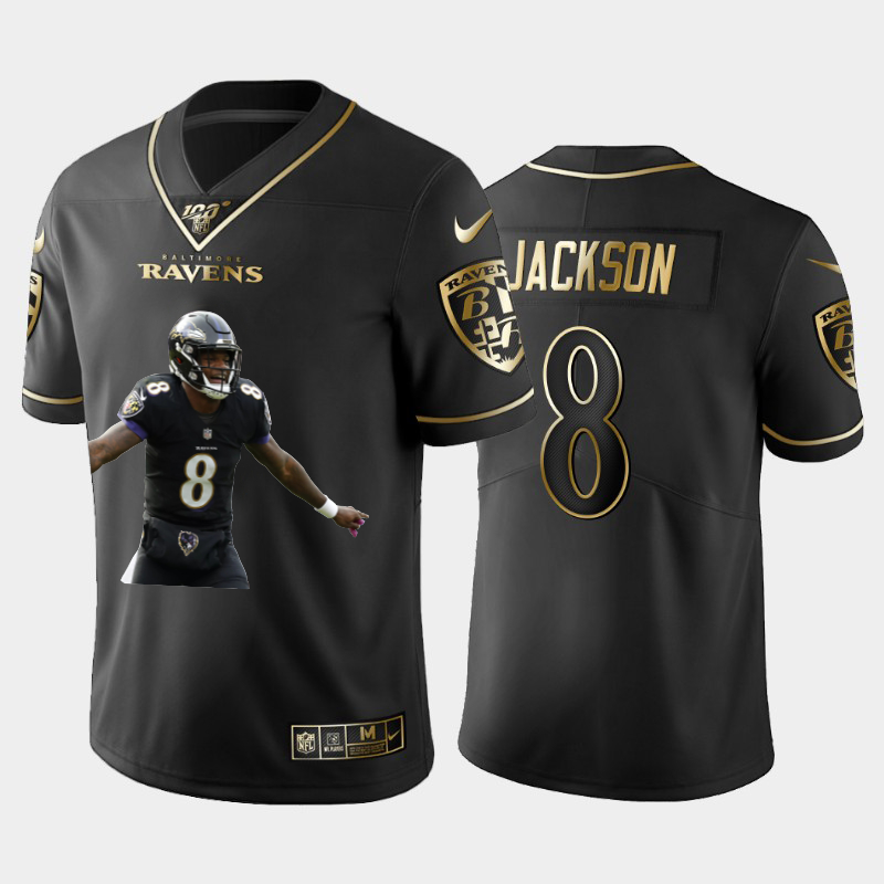 Nike Baltimore Ravens #8 Lamar Jackson Black Gold Player Name Logo 100th Season Vapor Untouchable Limited Jersey