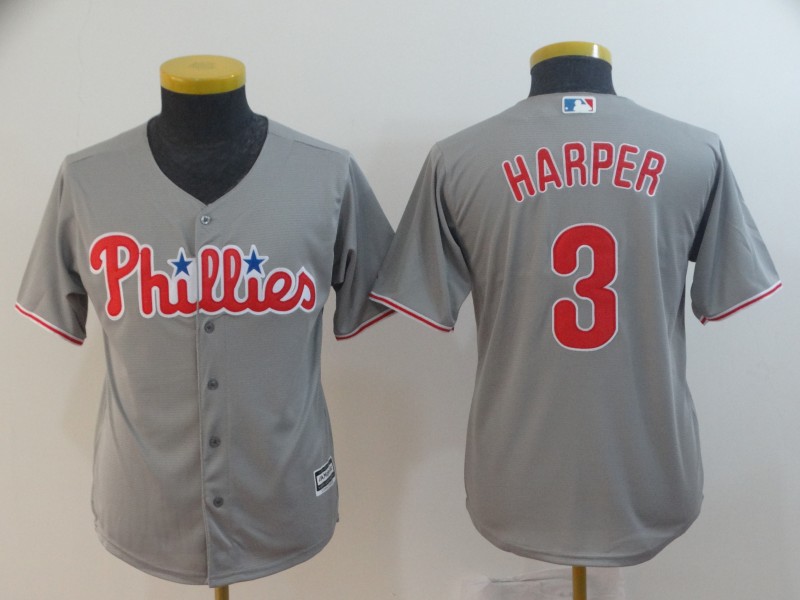 Youth Philadelphia Phillies #3 Bryce Harper Gray Home Stitched MLB Majestic Cool Base Jersey
