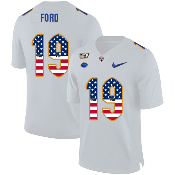 Pittsburgh Panthers 19 Dontez Ford White USA Flag 150th Anniversary Patch Nike College Football Jersey