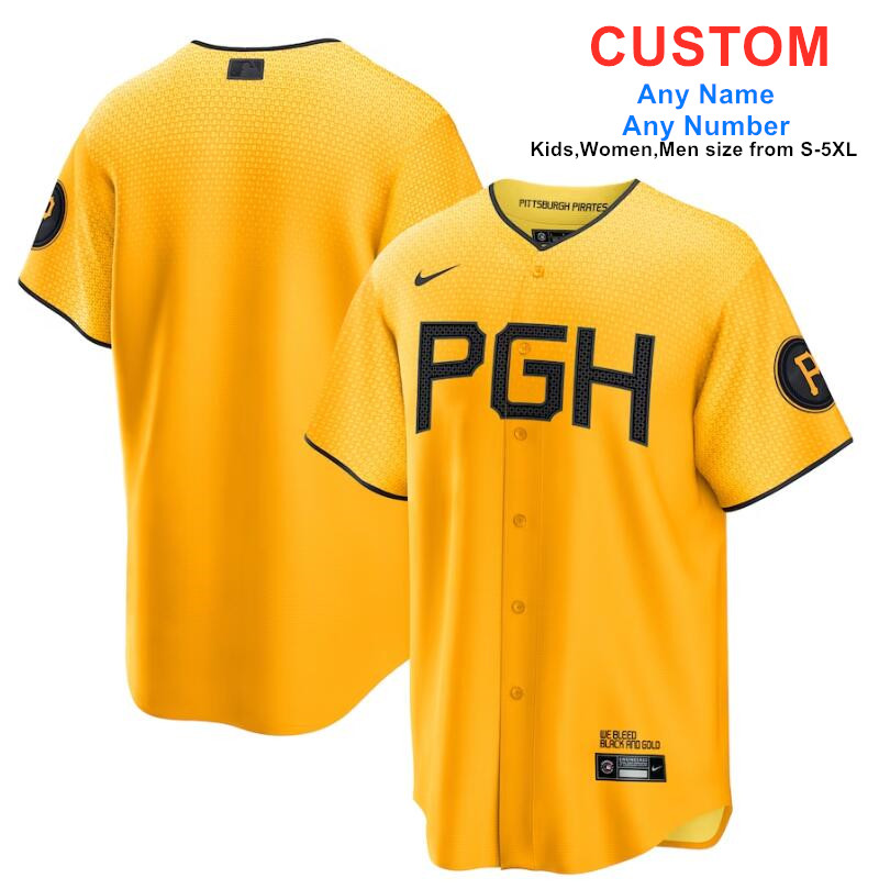 Men/Women/Kids Pittsburgh Pirates Custom Nike Gold 2023 City Connect Replica Jersey