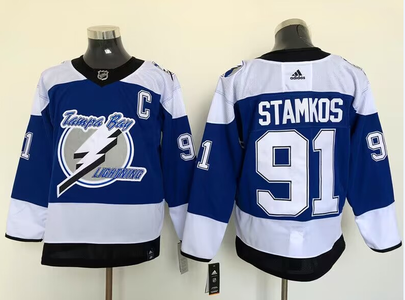 Tampa Bay Lightning #91 Steven Stamkos Blue Men's Adidas 2020-21 Reverse Retro Alternate NHL Jersey
