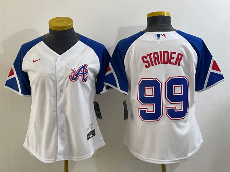 Women's Atlanta Braves #99 Spencer Strider White 2023 City Connect Cool Base Stitched Jersey