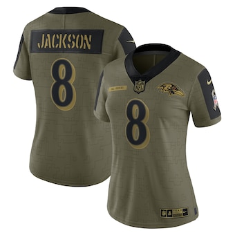 Women's Baltimore Ravens #8 Lamar Jackson Nike Olive 2021 Salute To Service Limited Player Jersey