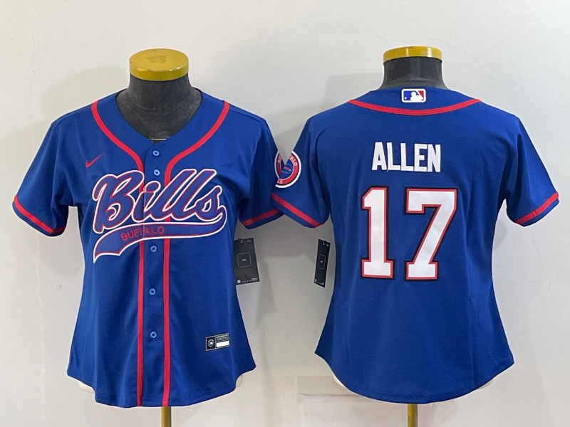 Women's Buffalo Bills #17 Josh Allen Blue With Patch Cool Base Stitched Baseball Jersey