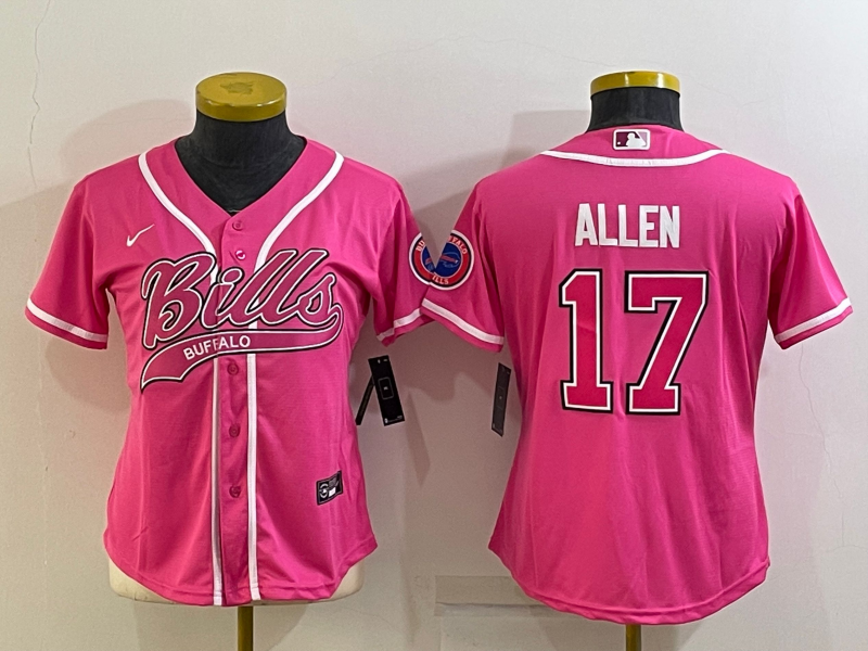 Women's Buffalo Bills #17 Josh Allen Pink With Patch Cool Base Stitched Baseball Jersey