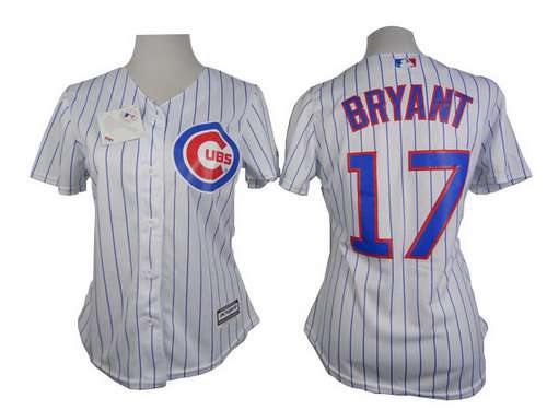Women's Chicago Cubs #17 Kris Bryant White With Blue Pinstripe Jersey