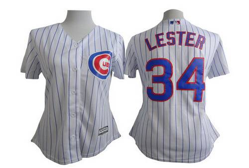 Women's Chicago Cubs #34 Jon Lester White With Blue Pinstripe Jersey