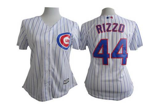 Women's Chicago Cubs #44 Anthony Rizzo White With Blue Pinstripe Jersey