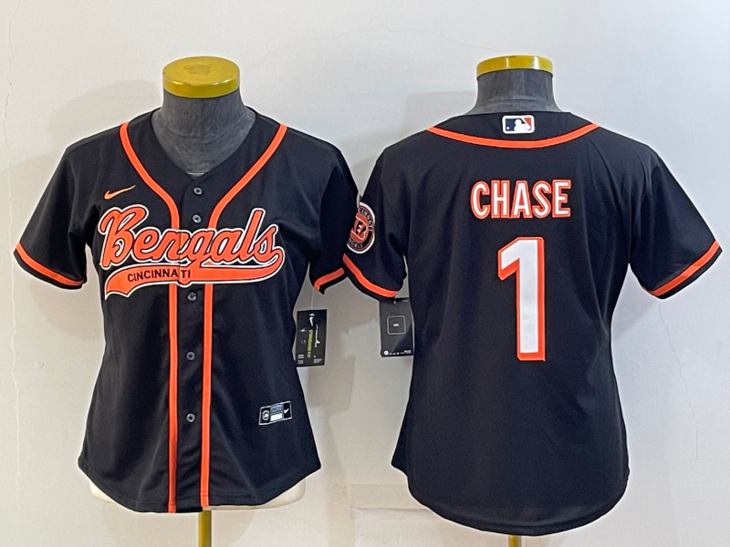 Women's Cincinnati Bengals #1 JaMarr Chase Black With Patch Cool Base Stitched Baseball Jersey
