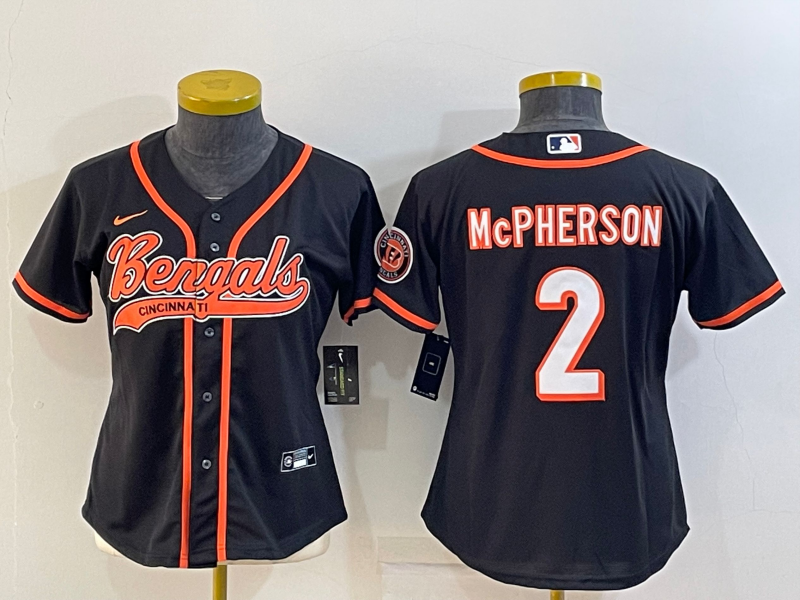 Women's Cincinnati Bengals #2 Evan McPherson Black With Patch Cool Base Stitched Baseball Jersey