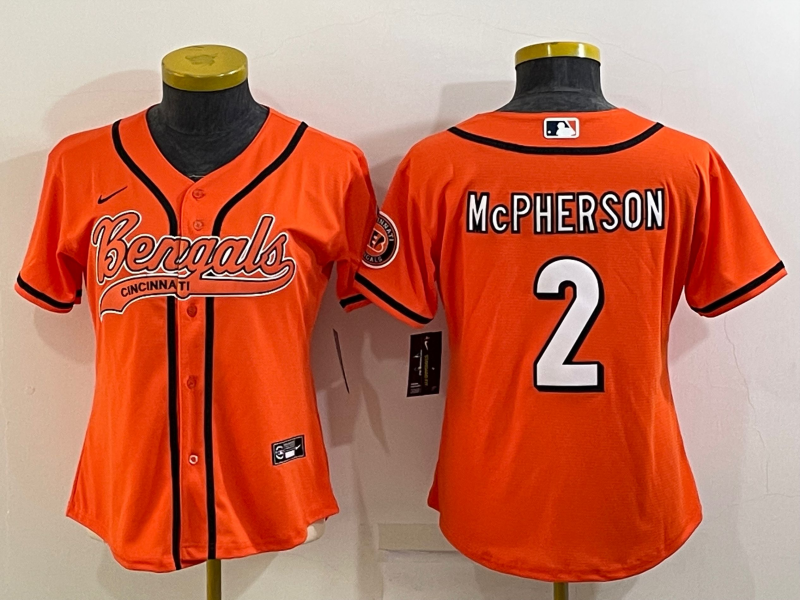 Women's Cincinnati Bengals #2 Evan McPherson Orange With Patch Cool Base Stitched Baseball Jersey