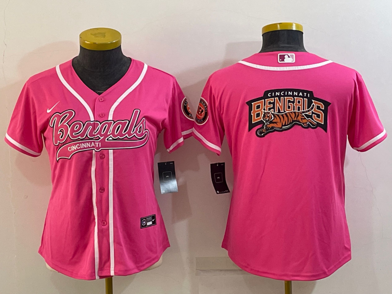 Women's Cincinnati Bengals Pink Team Big Logo With Patch Cool Base Stitched Baseball Jersey