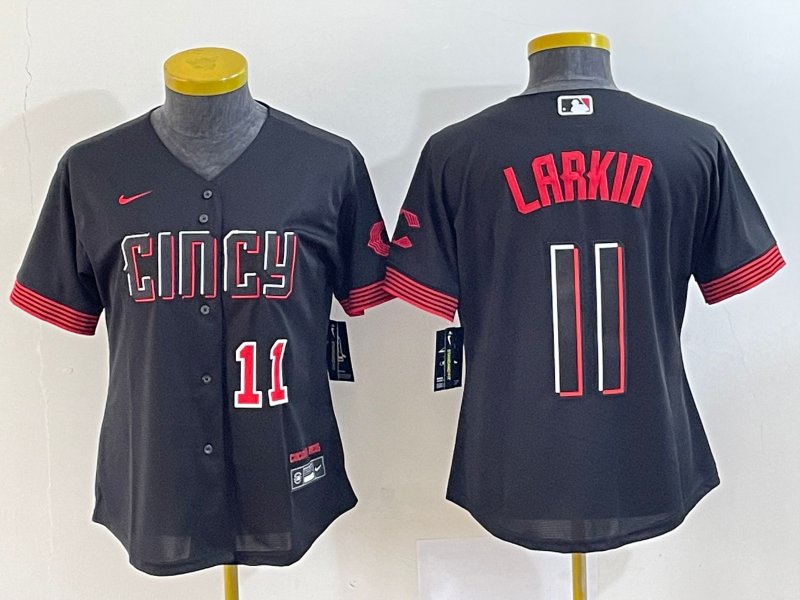 Women's Cincinnati Reds #11 Barry Larkin Number Black 2023 City Connect Cool Base Stitched Jersey1