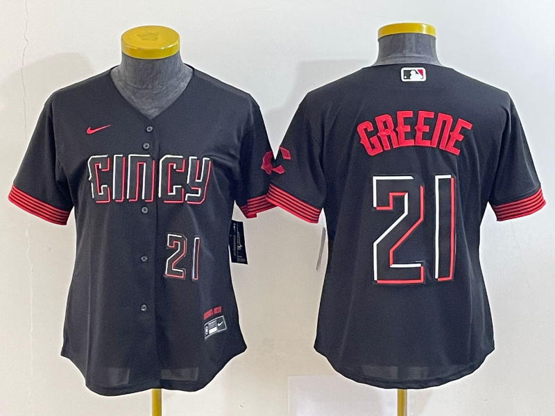 Women's Cincinnati Reds #21 Hunter Greene Number Black 2023 City Connect Cool Base Stitched Jersey1