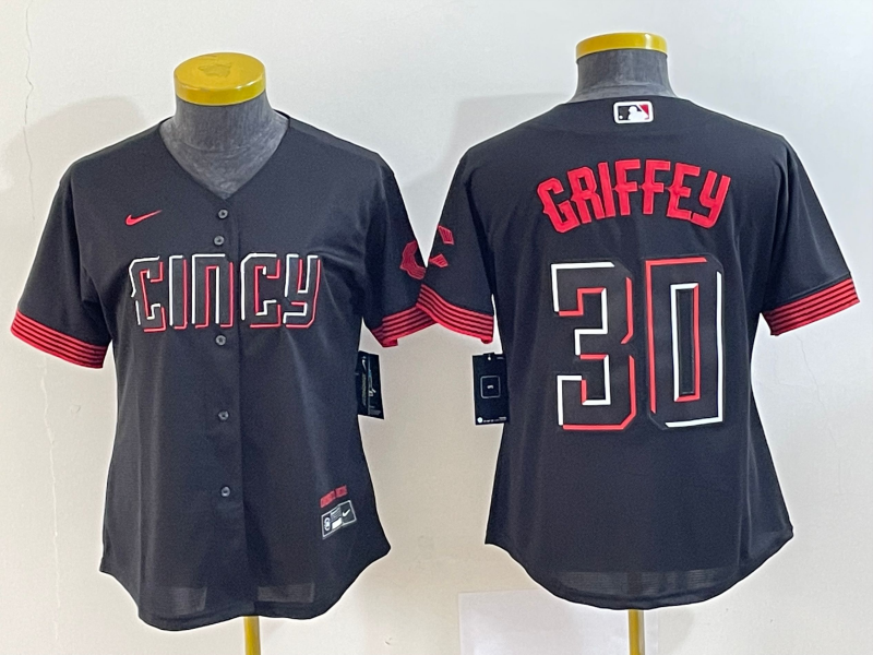 Women's Cincinnati Reds #30 Ken Griffey Jr Black 2023 City Connect Cool Base Stitched Jersey1