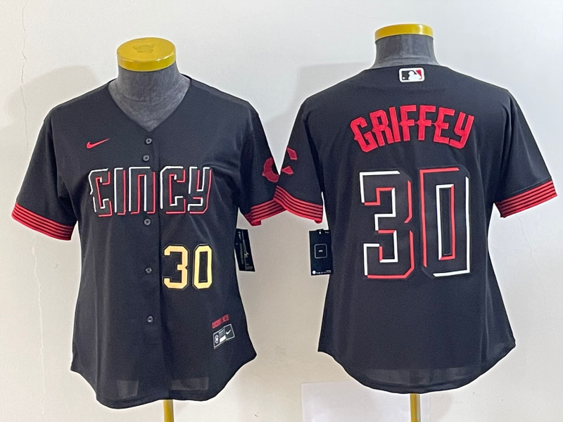Women's Cincinnati Reds #30 Ken Griffey Jr Number Black 2023 City Connect Cool Base Stitched Jersey1