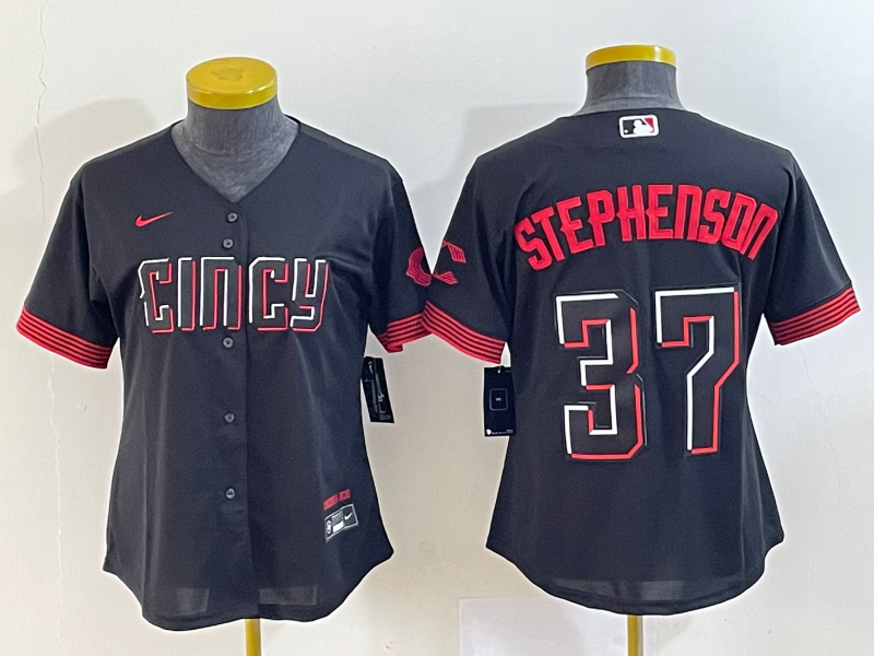Women's Cincinnati Reds #37 Tyler Stephenson Black 2023 City Connect Cool Base Stitched Jersey1