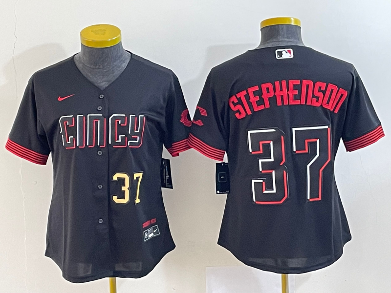 Women's Cincinnati Reds #37 Tyler Stephenson Number Black 2023 City Connect Cool Base Stitched Jersey1