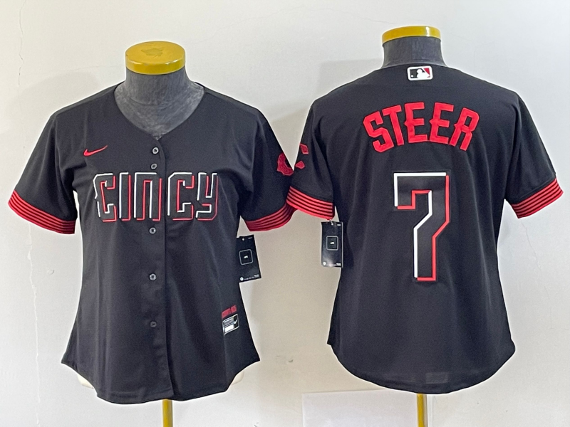 Women's Cincinnati Reds #7 Spencer Steer Black 2023 City Connect Cool Base Stitched Baseball Jersey