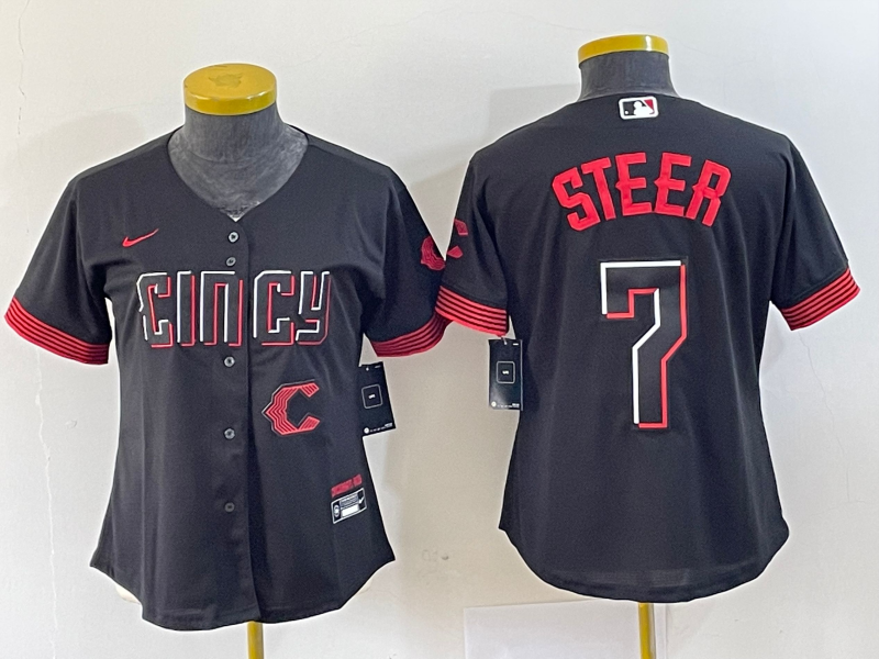 Women's Cincinnati Reds #7 Spencer Steer Black 2023 City Connect Cool Base Stitched Baseball Jersey1