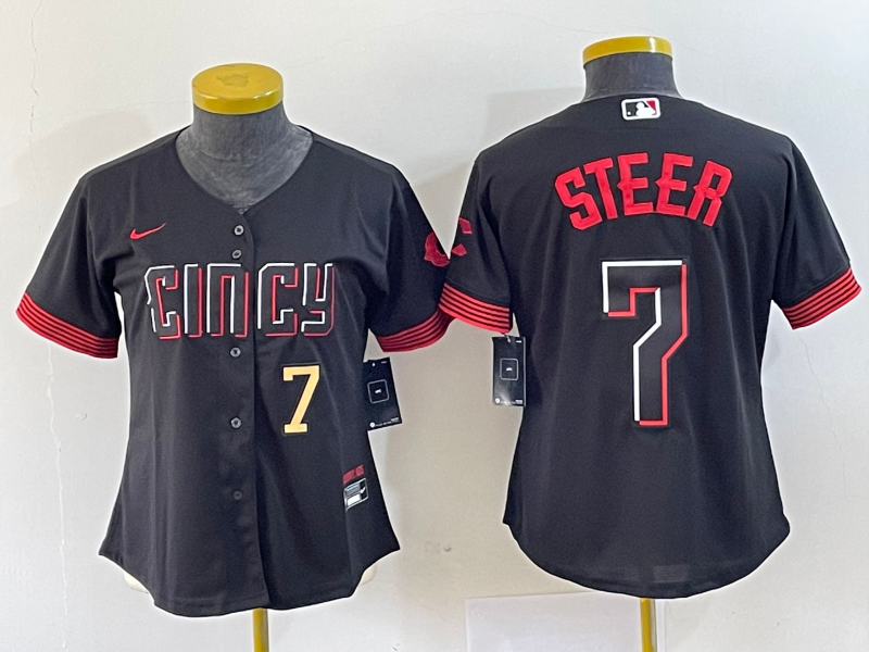 Women's Cincinnati Reds #7 Spencer Steer Numer Black 2023 City Connect Cool Base Stitched Baseball Jersey