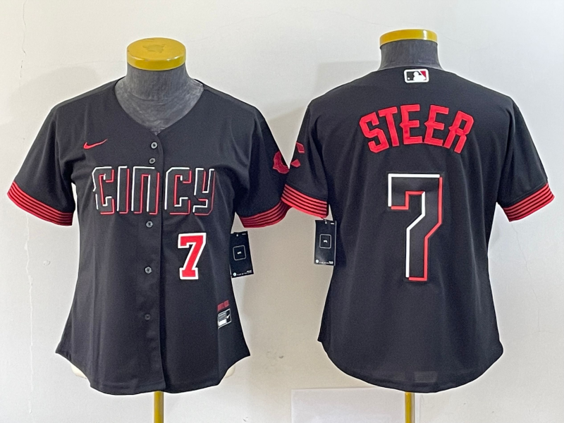 Women's Cincinnati Reds #7 Spencer Steer Numer Black 2023 City Connect Cool Base Stitched Baseball Jersey1