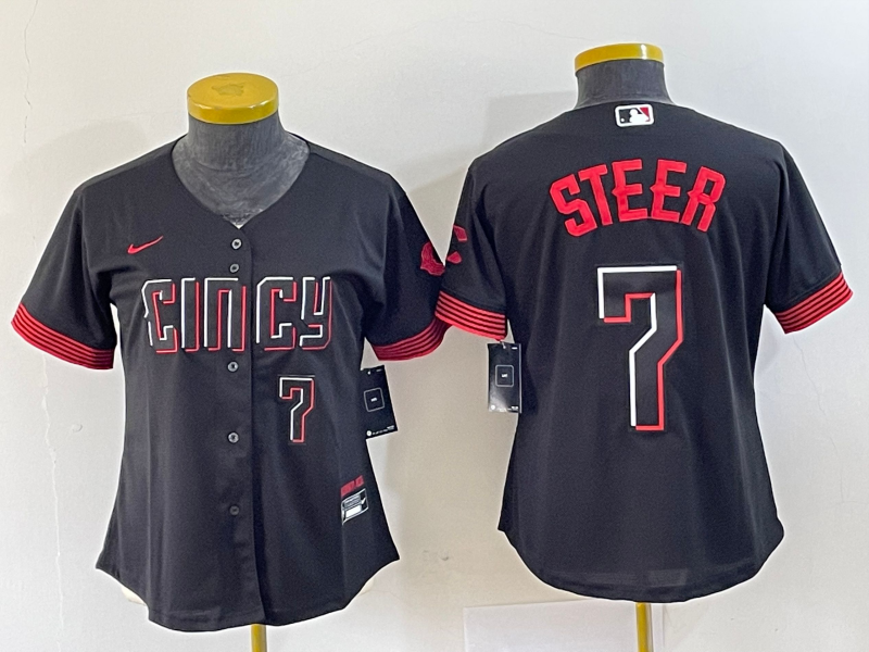 Women's Cincinnati Reds #7 Spencer Steer Numer Black 2023 City Connect Cool Base Stitched Baseball Jersey2