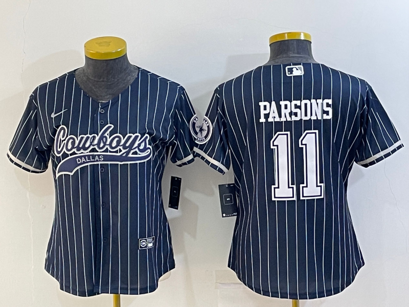 Women's Dallas Cowboys #11 Micah Parsons Navy Blue Pinstripe With Patch Cool Base Stitched Baseball Jersey