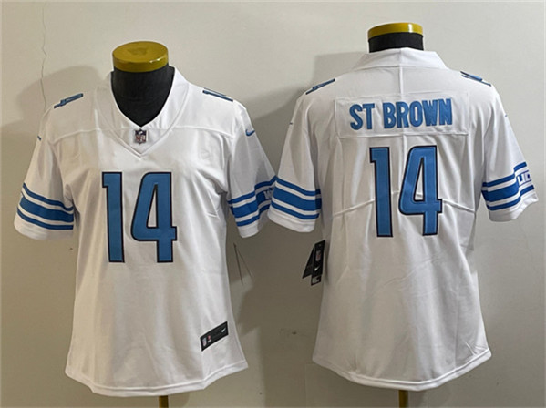 Women's Detroit Lions #14 Amon-Ra St. Brown White Vapor Limited Stitched Football Jersey(Run Smaller)