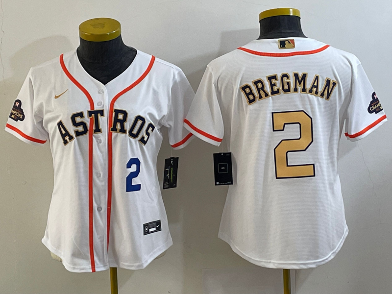 Women's Houston Astros #2 Alex Bregman Number 2023 White Gold World Serise Champions Patch Cool Base Stitched Jersey