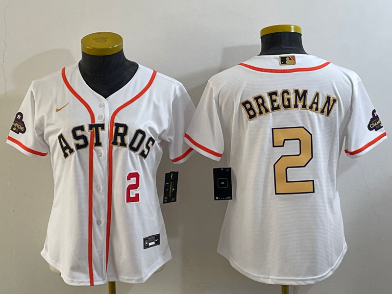 Women's Houston Astros #2 Alex Bregman Number 2023 White Gold World Serise Champions Patch Cool Base Stitched Jersey1