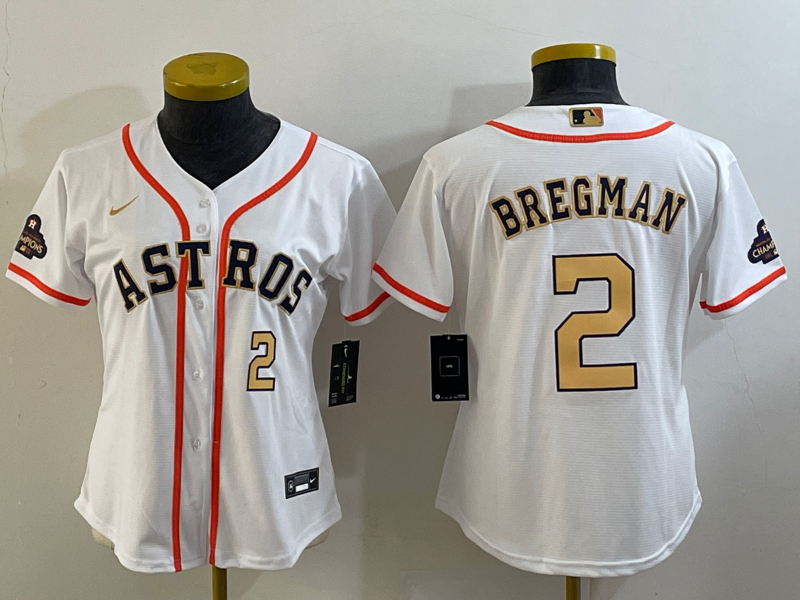 Women's Houston Astros #2 Alex Bregman Number 2023 White Gold World Serise Champions Patch Cool Base Stitched Jerseys