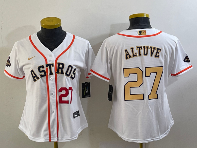 Women's Houston Astros #27 Jose Altuve Number 2023 White Gold World Serise Champions Patch Cool Base Stitched Jersey