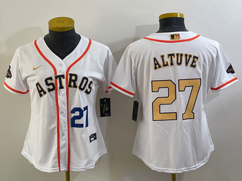 Women's Houston Astros #27 Jose Altuve Number 2023 White Gold World Serise Champions Patch Cool Base Stitched Jersey1