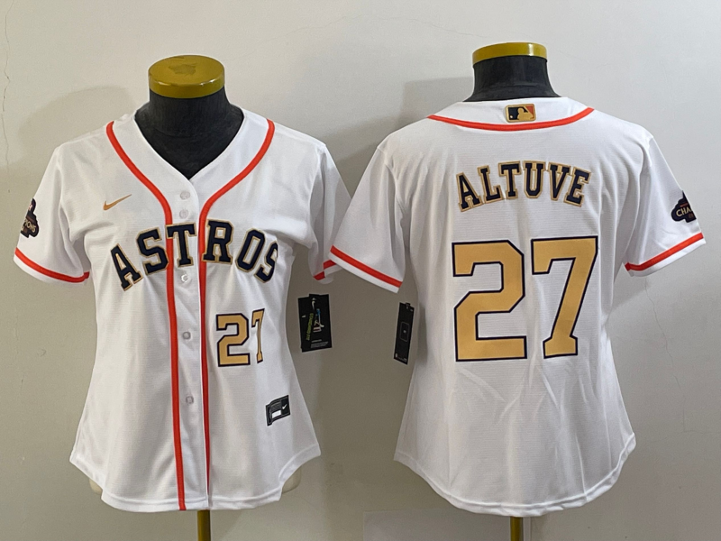 Women's Houston Astros #27 Jose Altuve Number 2023 White Gold World Serise Champions Patch Cool Base Stitched Jerseys