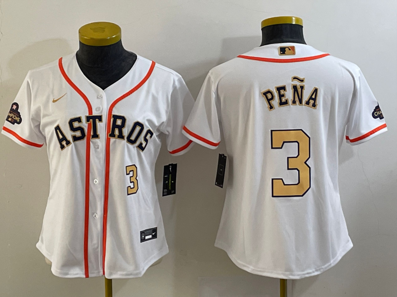 Women's Houston Astros #3 Jeremy Pena Number 2023 White Gold World Serise Champions Patch Cool Base Stitched Jersey