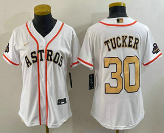 Women's Houston Astros #30 Kyle Tucker 2023 White Gold World Serise Champions Patch Cool Base Stitched Jersey