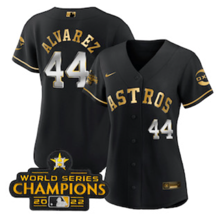 Women's Houston Astros #44 Yordan Alvarez Black Gold 2022 World Serise Champions Patch Stitched Baseball Jersey
