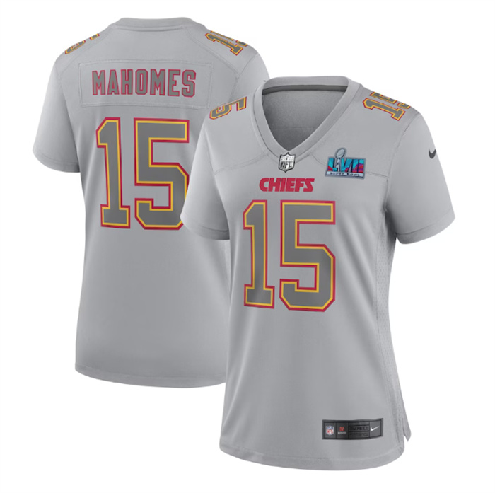 Women's Kansas City Chiefs #15 Patrick Mahomes Grey Super Bowl LVII Patch Atmosphere Fashion Stitched Game Jersey(Run Small)