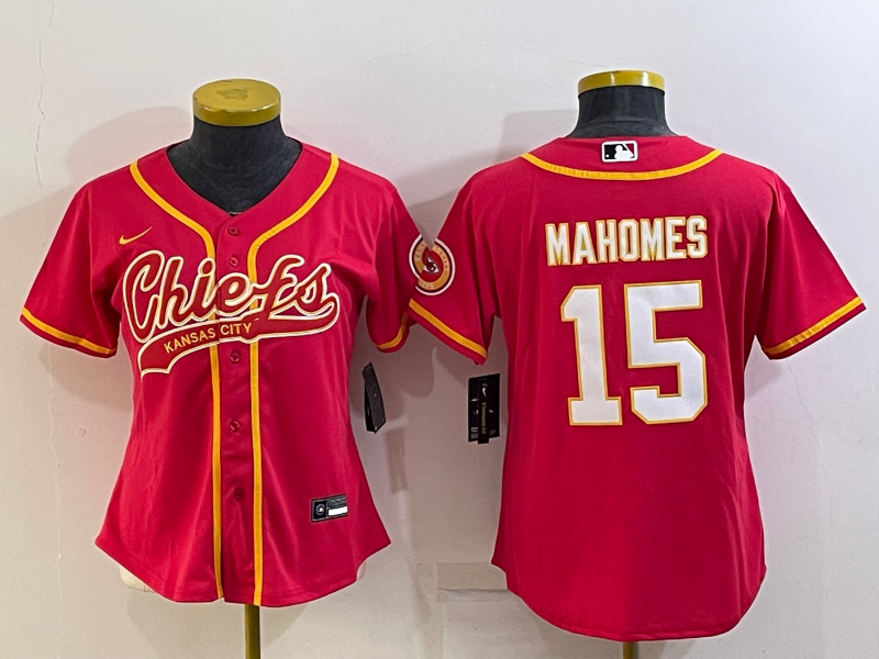 Women's Kansas City Chiefs #15 Patrick Mahomes Red With Patch Cool Base Stitched Baseball Jersey