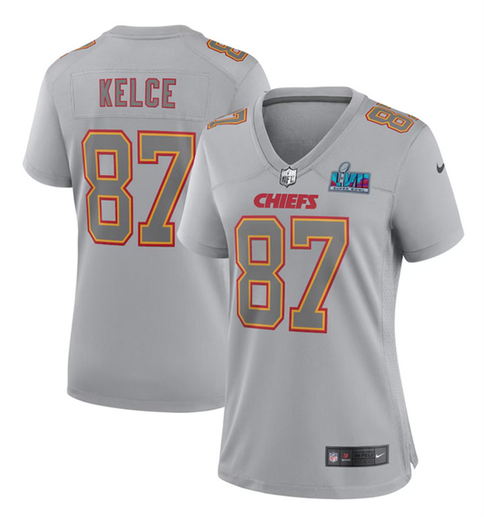 Women's Kansas City Chiefs #87 Travis Kelce Grey Super Bowl LVII Patch Atmosphere Fashion Stitched Game Jersey(Run Small)