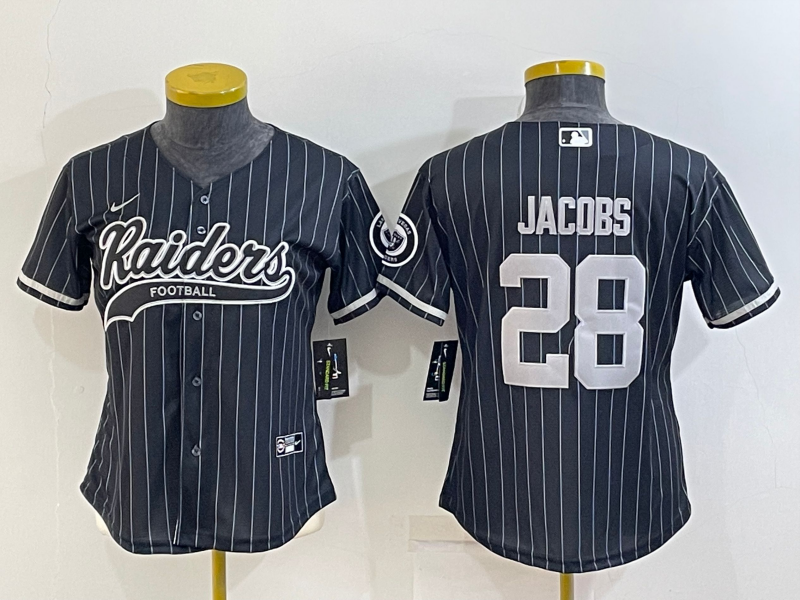 Women's Las Vegas Raiders #28 Josh Jacobs Black Team Big Logo With Patch Cool Base Stitched Baseball Jersey