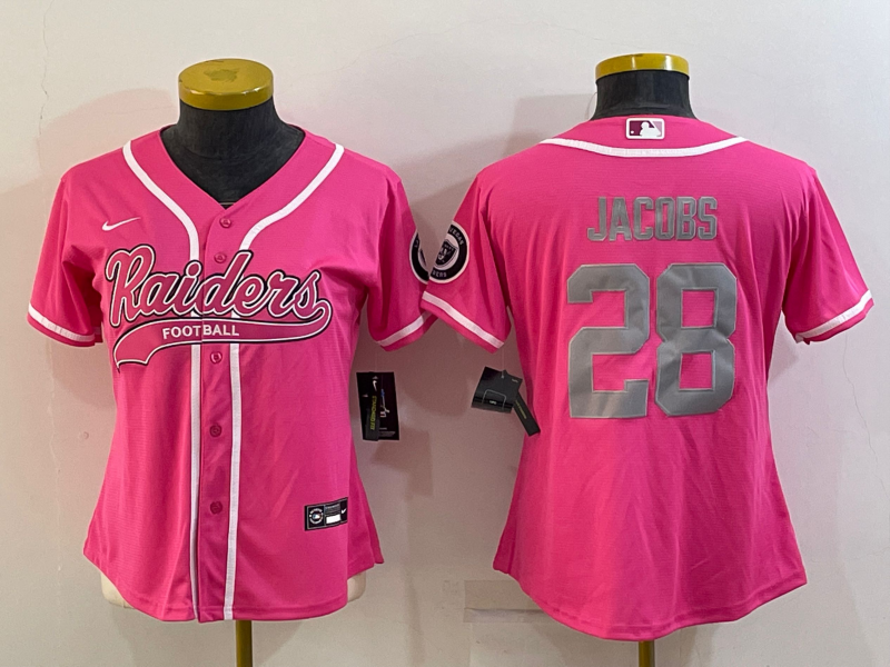 Women's Las Vegas Raiders #28 Josh Jacobs Pink With Patch Cool Base Stitched Baseball Jersey