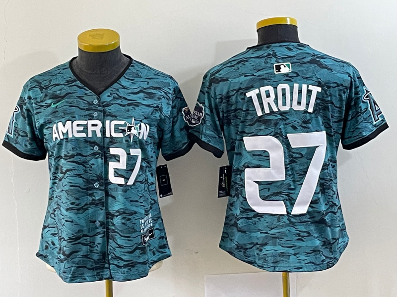 Women's Los Angeles Angels #27 Mike Trout Number Teal 2023 All Star Cool Base Stitched Jersey