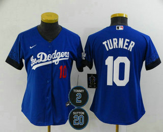 Women's Los Angeles Dodgers #10 Justin Turner Blue #2 #20 Patch City Connect Number Cool Base Stitched Jersey