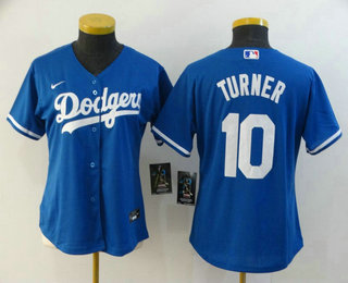 Women's Los Angeles Dodgers #10 Justin Turner Blue Stitched MLB Cool Base Nike Jersey