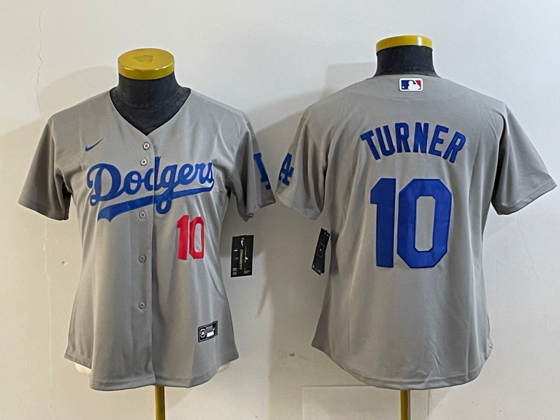 Women's Los Angeles Dodgers #10 Justin Turner Number Grey Cool Base Stitched Nike Jersey